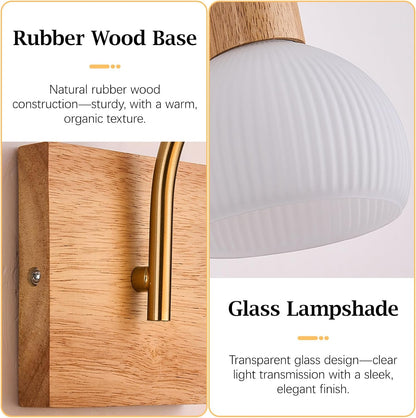 Globe Milk White Glass Wall Lamp Nordic Solid Wood Wall Sconce Adjustable Bedroom Bedside Reading Lighting, Modern Retro Half Globe Wooden Home Decor Lighting Fixture for Loft Living Room