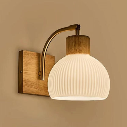 Globe Milk White Glass Wall Lamp Nordic Solid Wood Wall Sconce Adjustable Bedroom Bedside Reading Lighting, Modern Retro Half Globe Wooden Home Decor Lighting Fixture for Loft Living Room